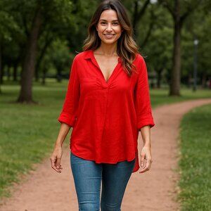 No Frills Los Angeles Top Women Orange Roll Tab Sleeve Button Up Blouse Boho Y2K